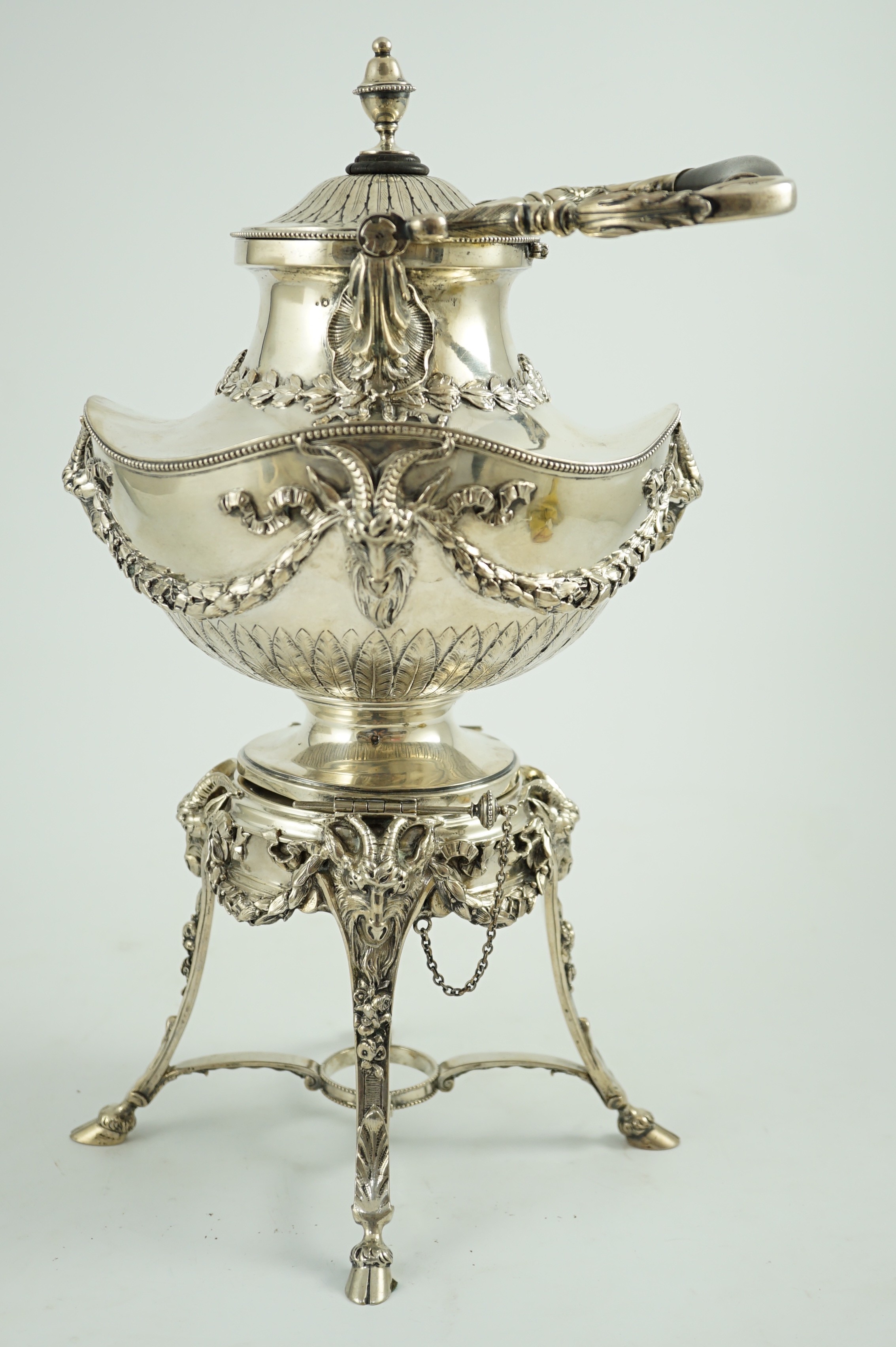 An ornate late 19th/early 20th century Austro-Hungarian 800 standard silver tea kettle on stand
